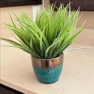 Green and Bronze Ceramic Planter with Faux Plant